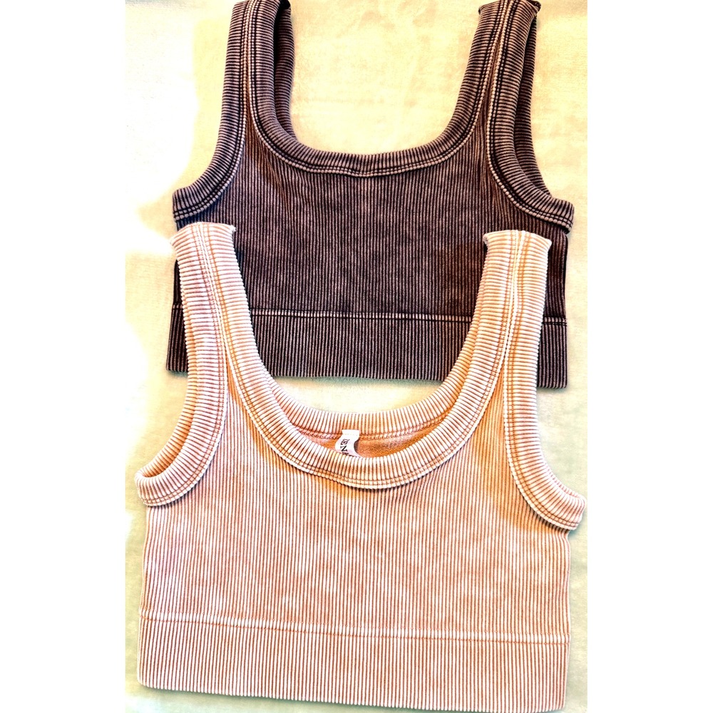 Zenana Women's Ribbed Bralette 2 pack - Acid Washed Black & Acid Washed Sand